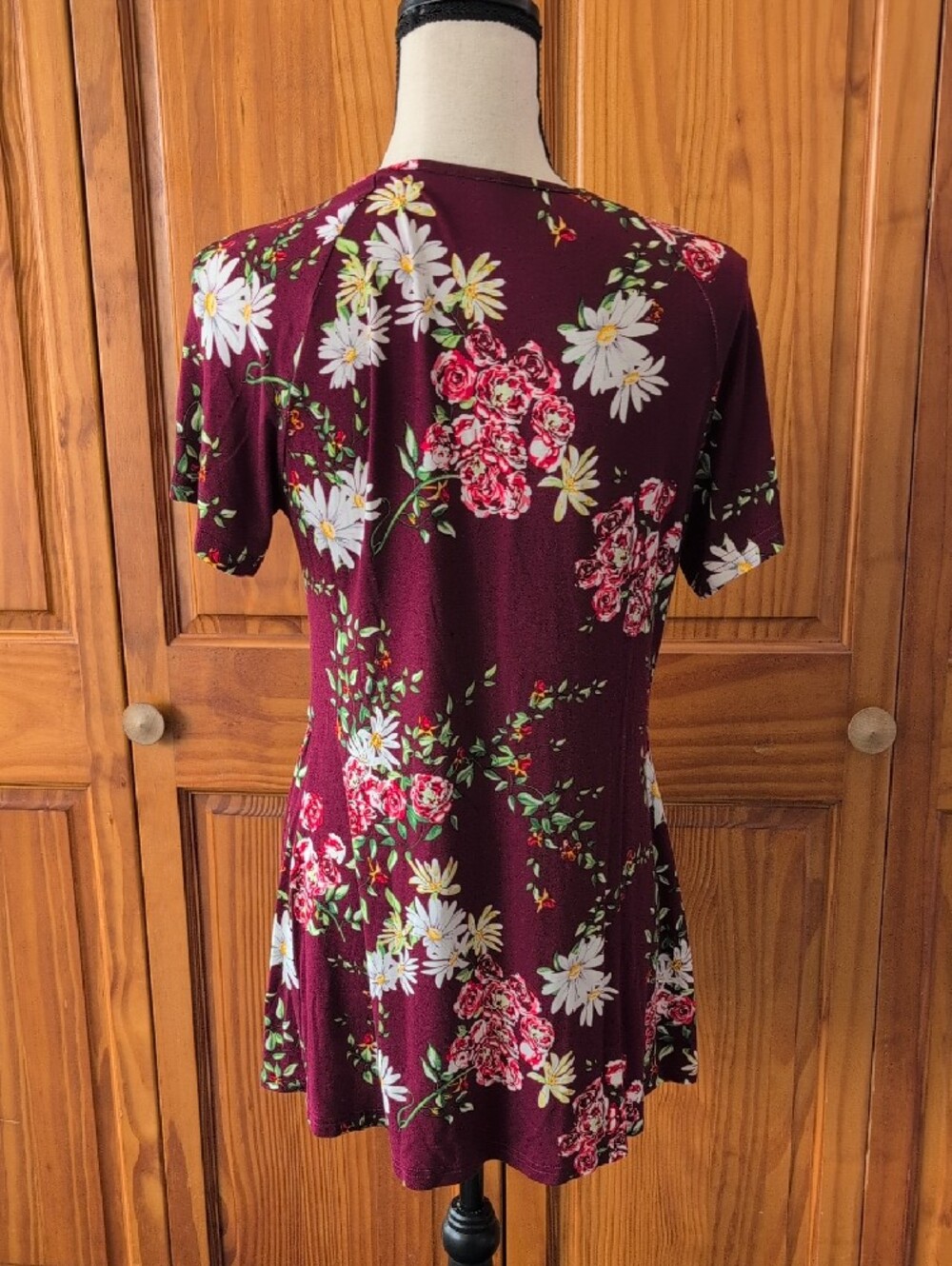 Floral Wrap V-Neck Burgundy Tunic Blouse Top L M513 - Picture 4 of 6